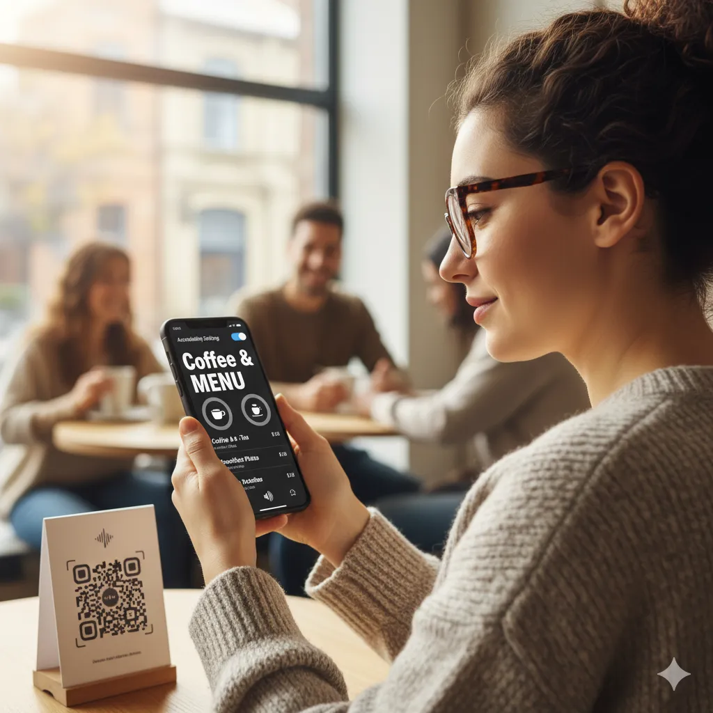 A person using a screen reader on a smartphone to navigate a digital menu.