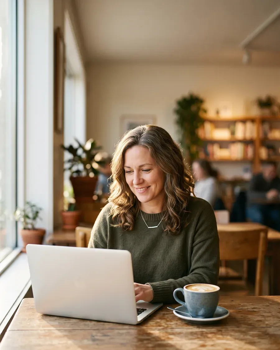 A cafe owner sitting with a laptop and a coffee, setting up their menu