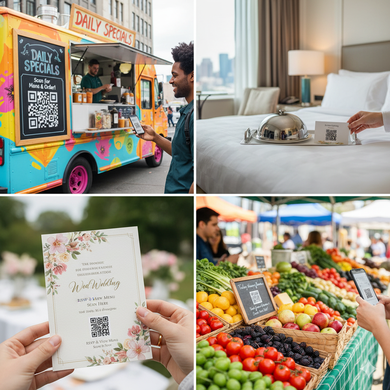 A collage of different creative uses for QR menus.