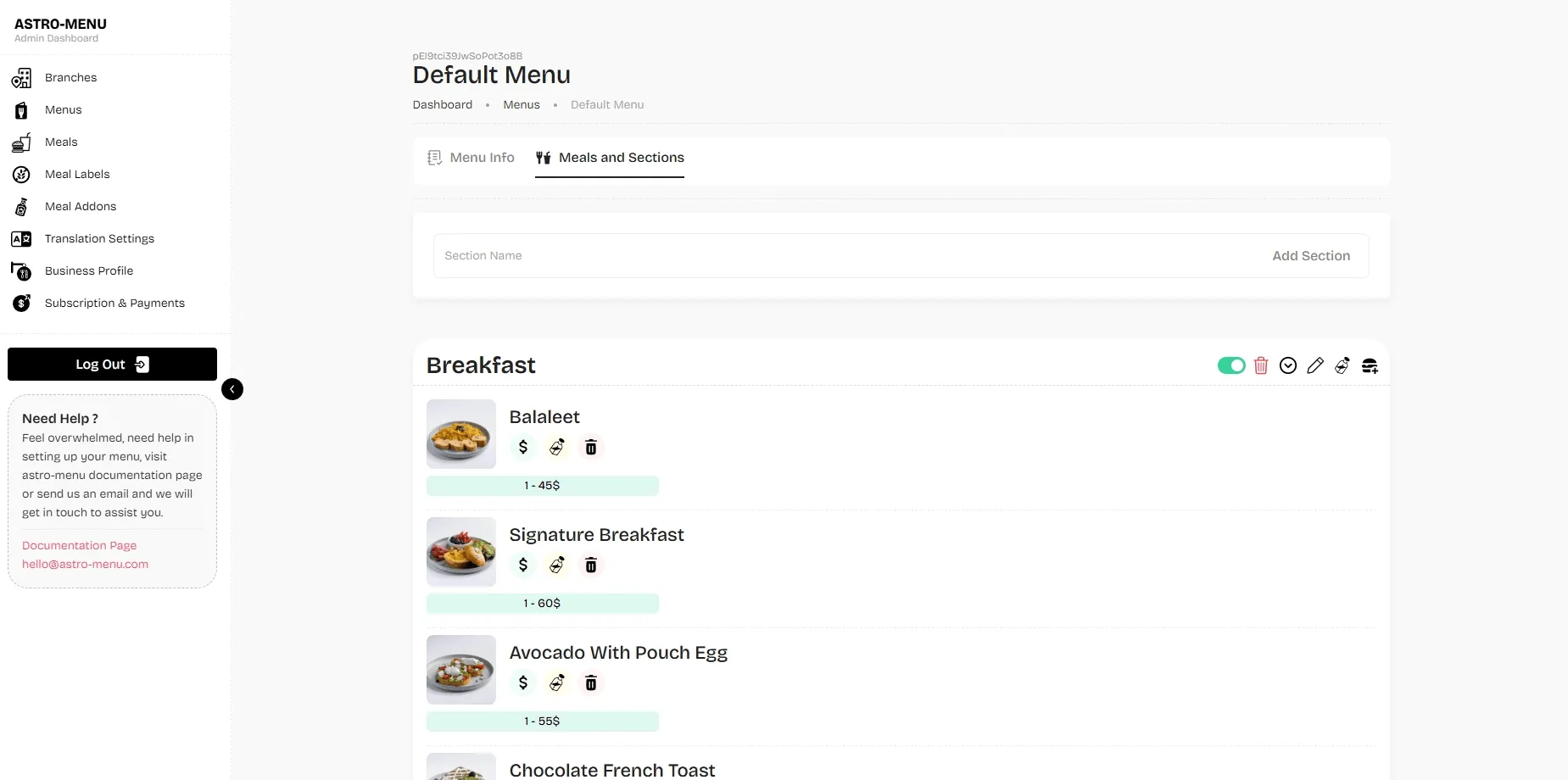 The Astro-Menu dashboard, building a menu: sections added and filled with items and prices