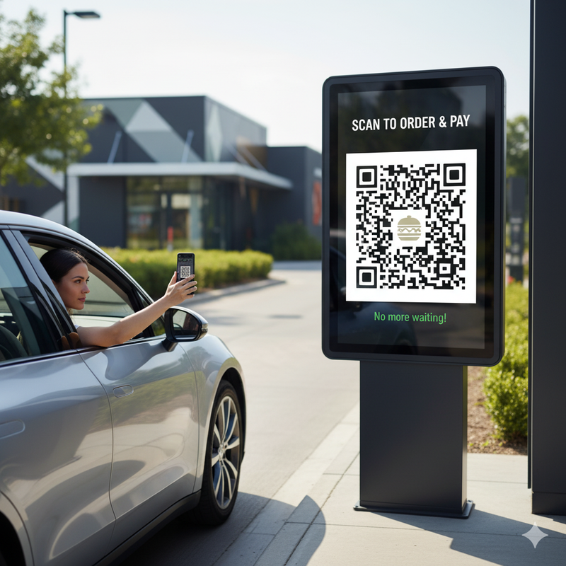 A car at a drive-thru scanning a QR code to order.
