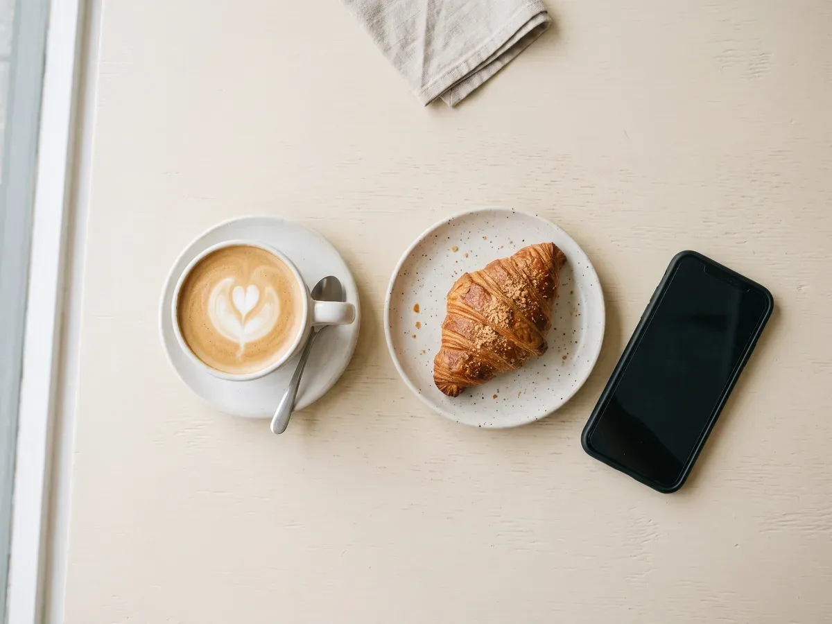 Overhead view of a coffee, a pastry and a phone showing a QR menu
