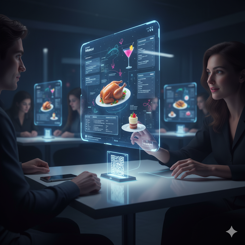 A futuristic image of a diner interacting with a holographic, personalized menu.