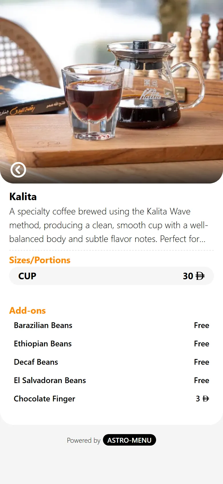 Every dish, properly — A full-width photo, the description you wrote, sizes and portions each with their own price, and add-ons — priced or free.