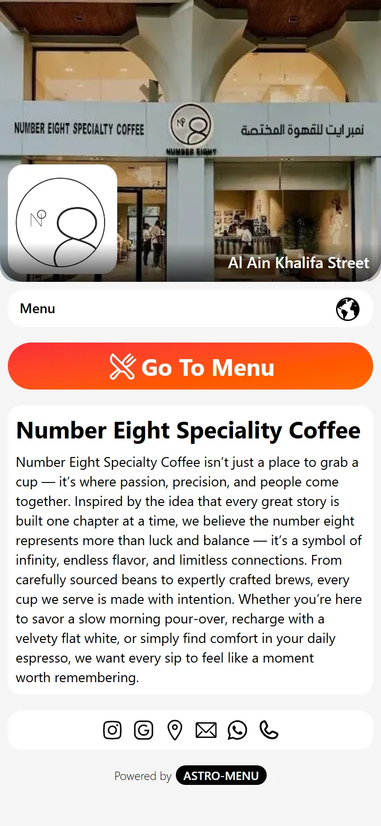 Your venue, first — Cover photo, logo and your story — plus one tap to call, WhatsApp, Maps, Instagram or leave a Google review.
