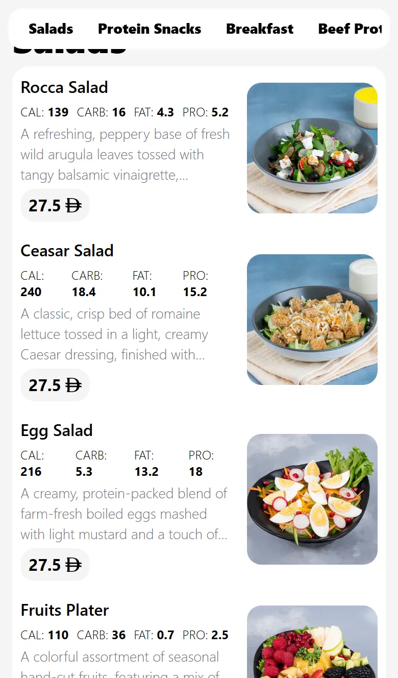 Calories and macros — Per item, if you want them — calories, carbs, fat and protein, with allergen tags alongside. Shown here on another customer’s menu.