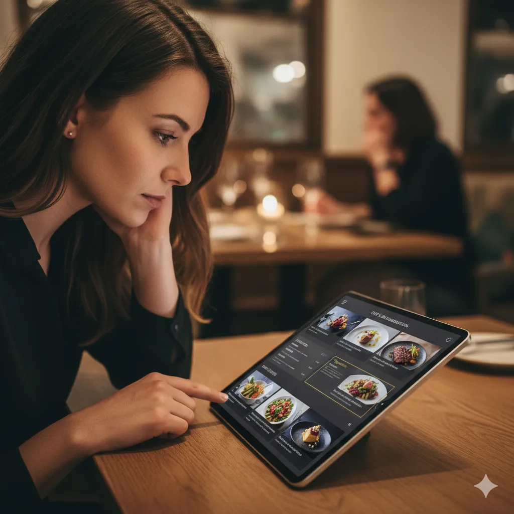 A person studying a well-designed restaurant menu.