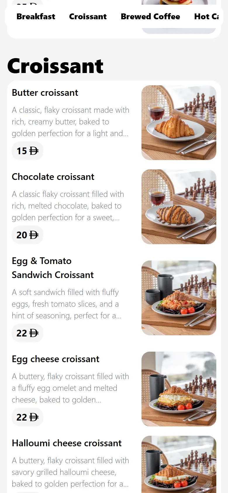 The live Number Eight Speciality Coffee menu on a phone, showing section chips and dishes with photos and prices