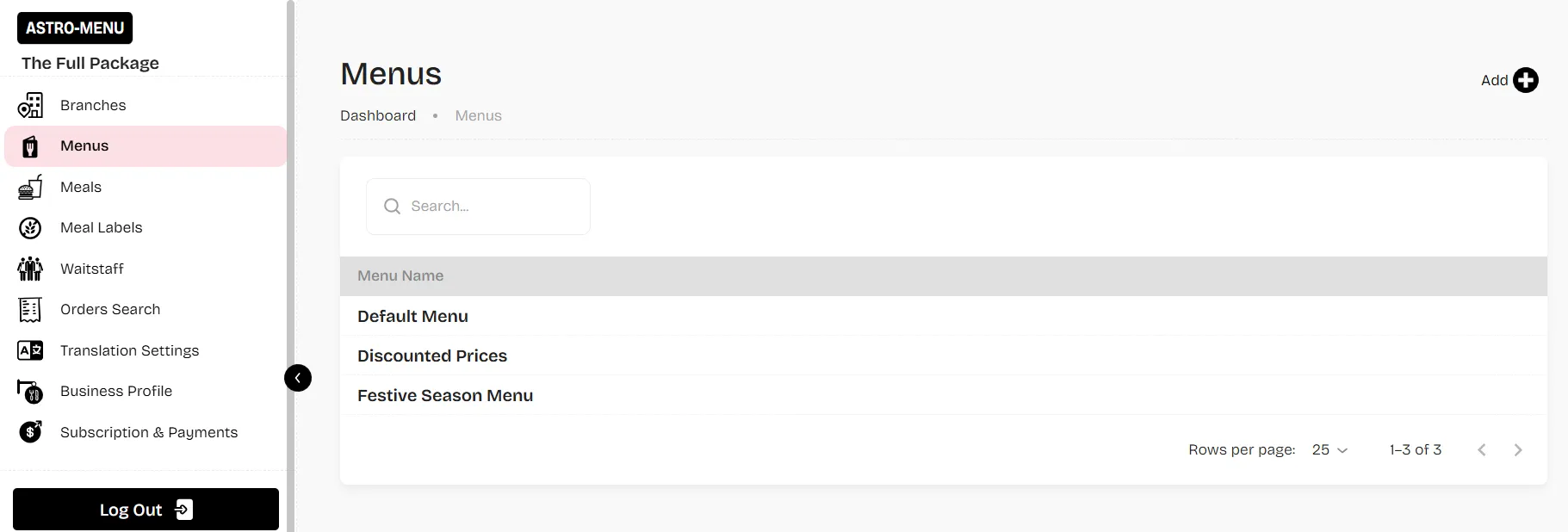 Admin dashboard meals list