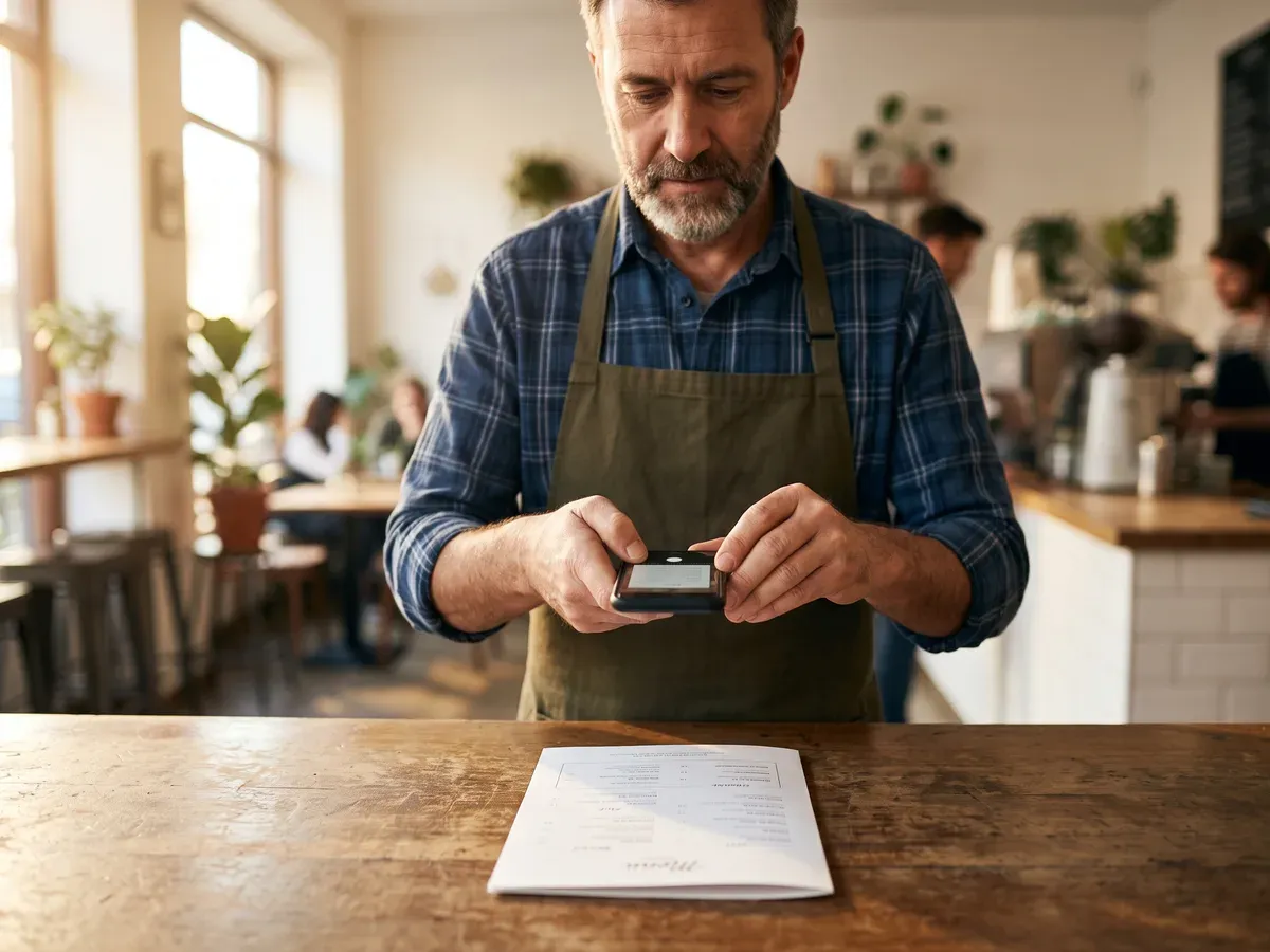 A restaurant owner photographing their printed menu with a phone