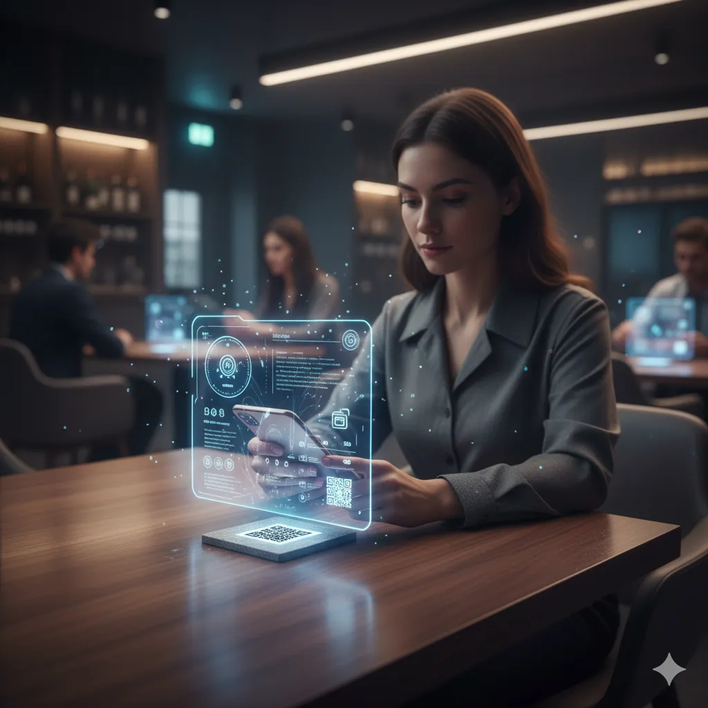 A restaurant where digital elements, like menus and ordering, are seamlessly integrated into the physical space.