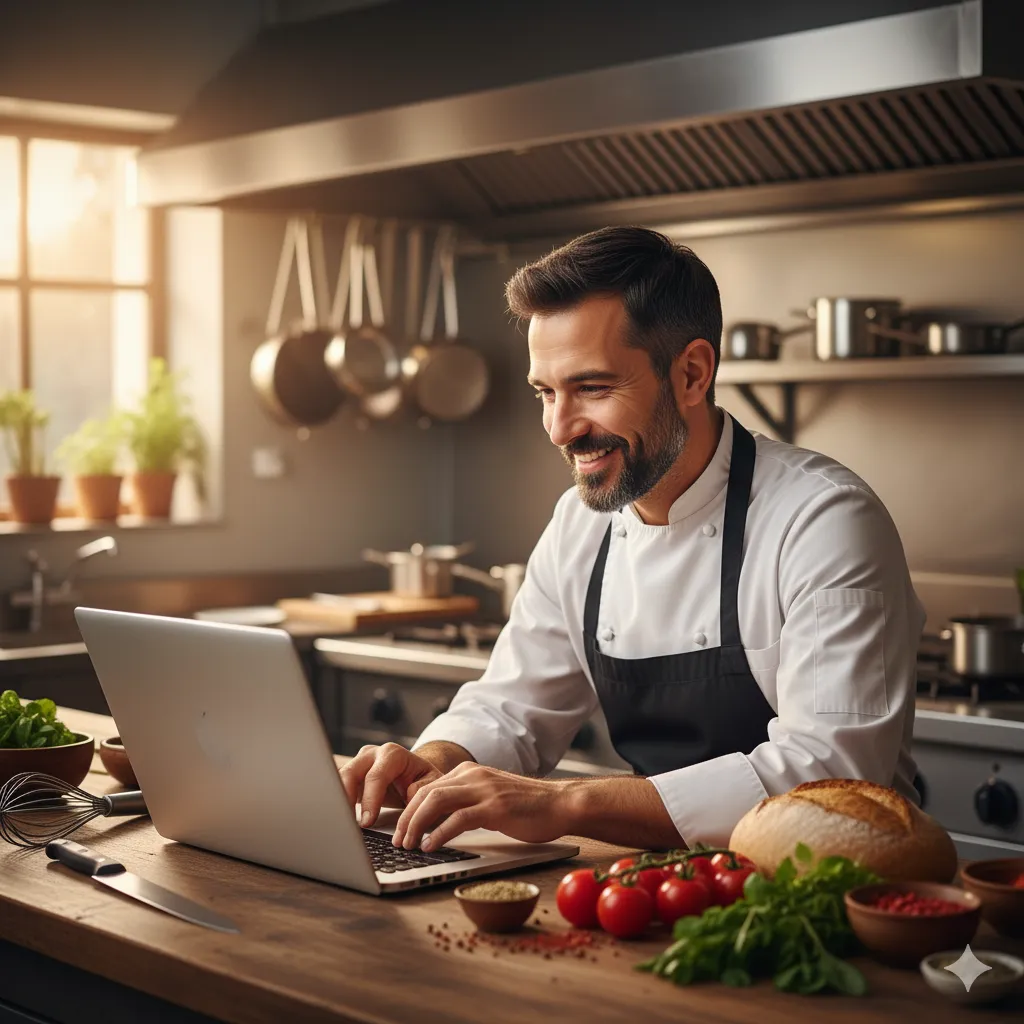 A chef writing on a laptop in a kitchen, with ingredients around them.