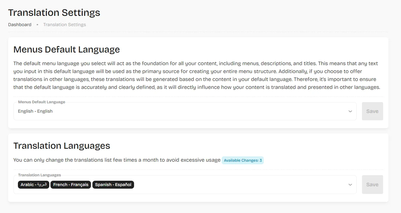 Admin dashboard translation settings interface