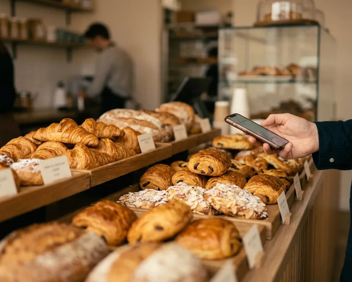 Counter of pastries, hand pointing at the phone menu