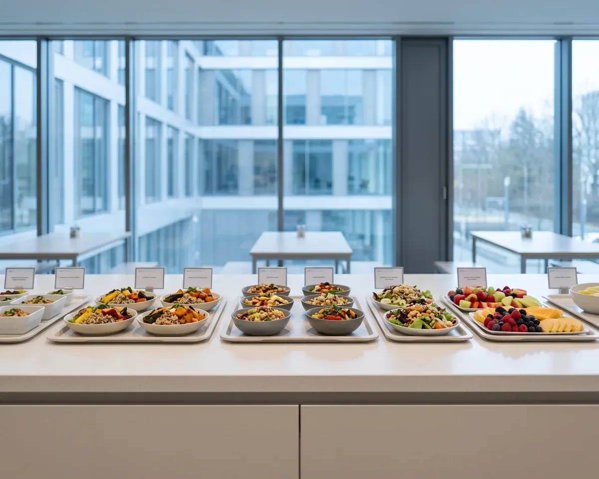 Bright canteen counter, tray of labelled healthy dishes