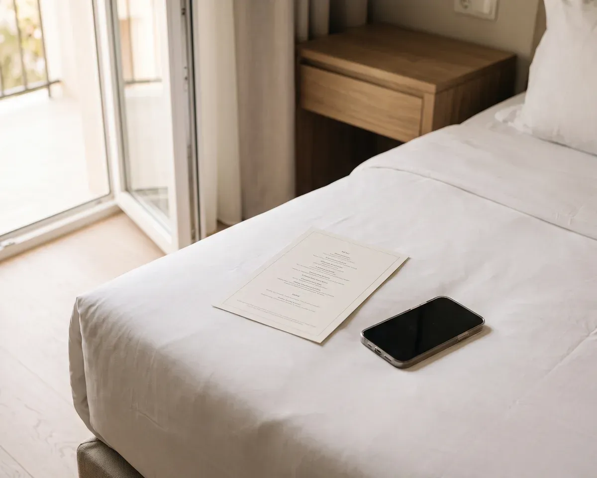 Room-service card on a bed, phone showing the menu