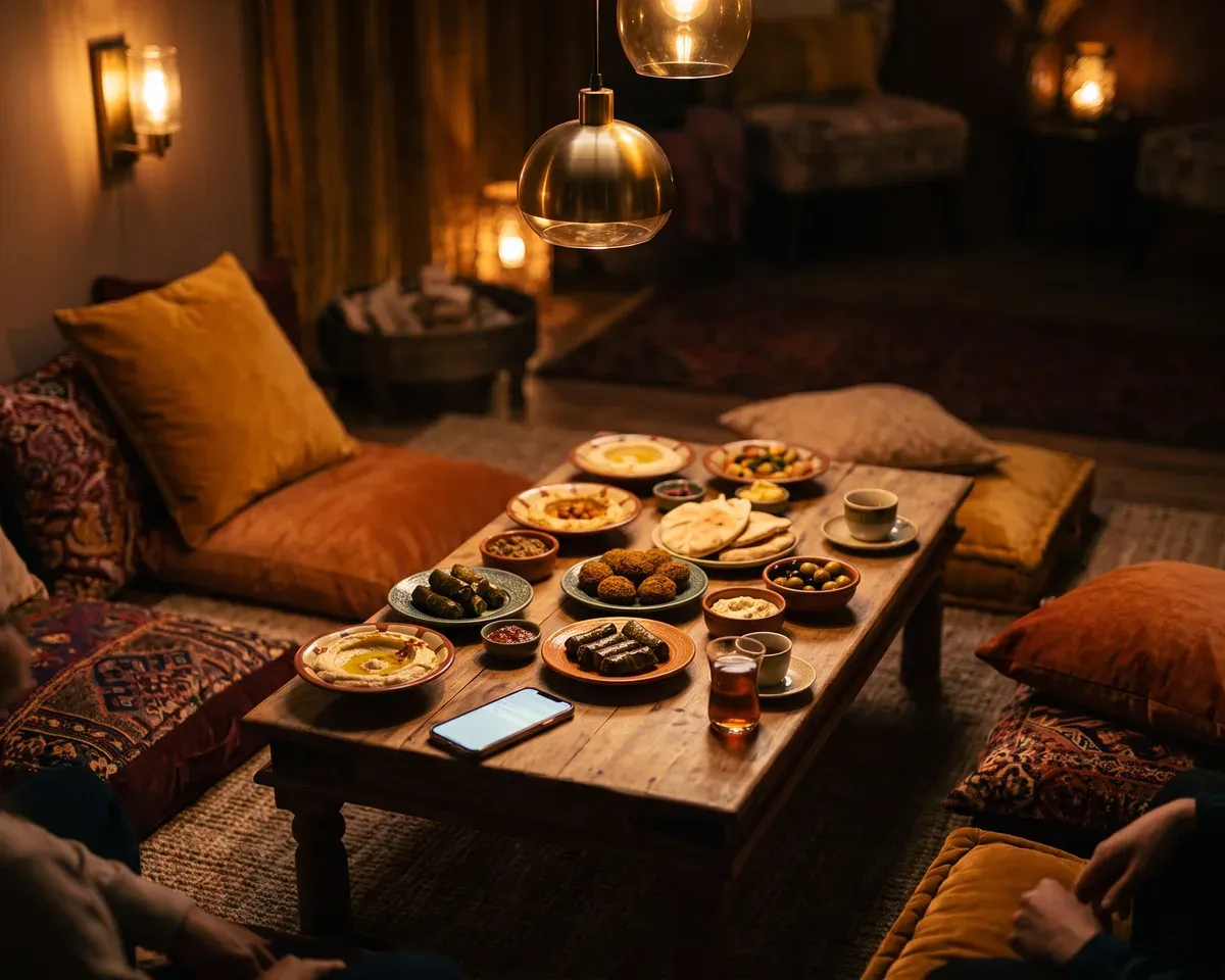 Evening lounge table, phone glowing with the menu